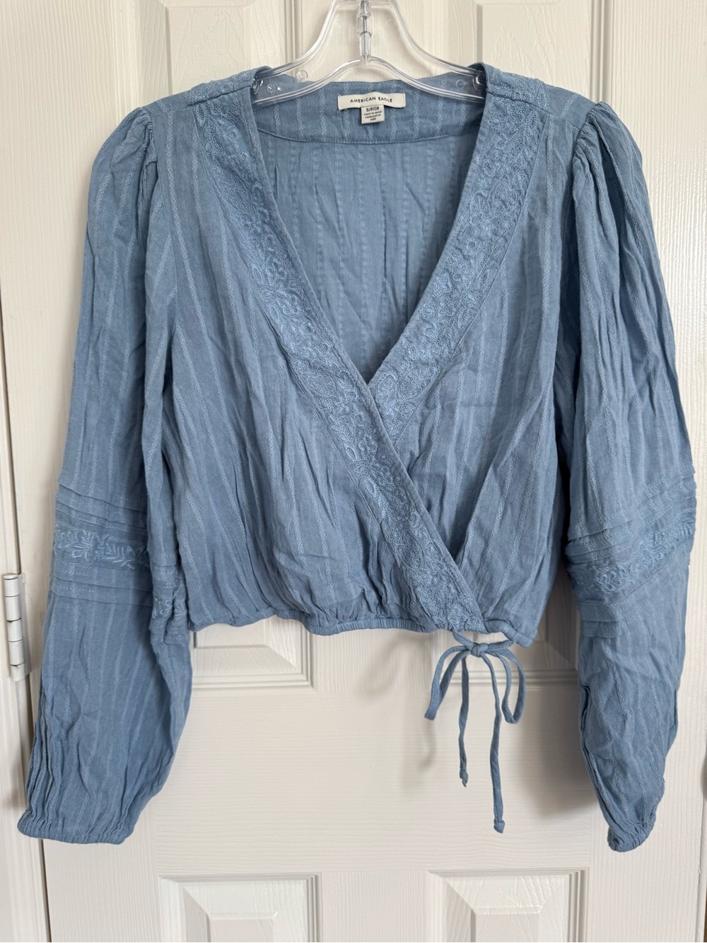 Dusty Blue Wrap Blouse with Embroidered Trim